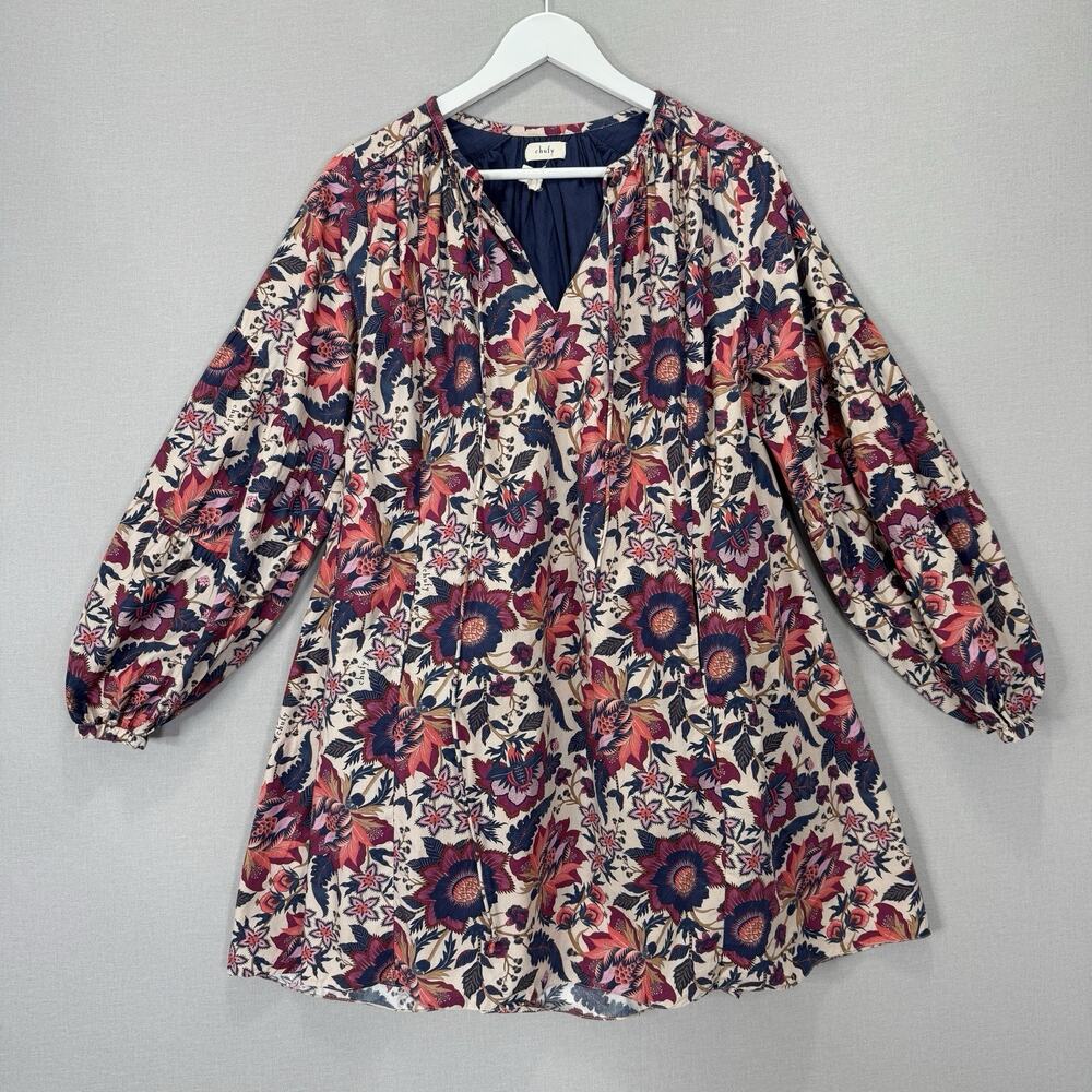 Chufy Gabi Mini Dress Women Small Pink Floral Organic Cotton Babydoll Boho Tunic